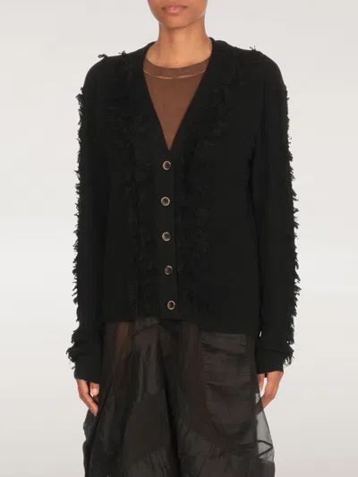 Uma Wang Textured Black Cotton Cardigan With Fringed Details In Black