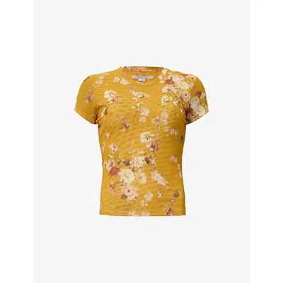 Allsaints Womens Ellie Round-neck Floral-print Stretch-mesh T-shirt Armada Deep Ye In Yellow