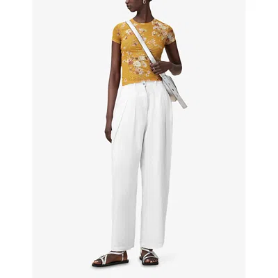 Allsaints Womens Ellie Round-neck Floral-print Stretch-mesh T-shirt Armada Deep Ye In Yellow