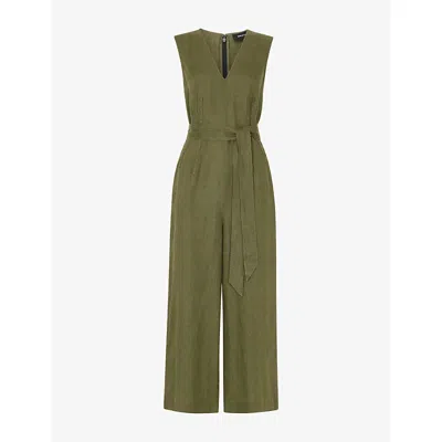 Whistles Womens V-neck Belted-waist Linen Jumpsuit Khaki/olive