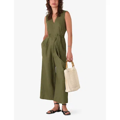 Whistles Womens V-neck Belted-waist Linen Jumpsuit Khaki/olive