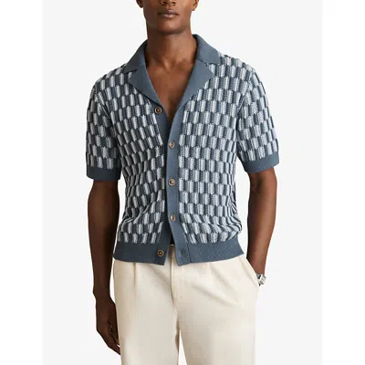 Reiss Mens Robbie Cuban-collar Colour-block Textured Shirt Airforce Blue Soft Blue