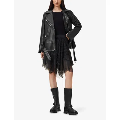 Allsaints Womens Jayde Branded-waist Tulle Woven Mini Skirt Black