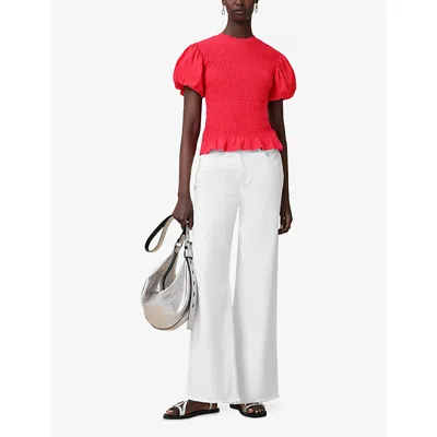 Allsaints Womens Dael Puff-sleeve Slim-fit Smocked Stretch-woven Top Crimson Red In Red