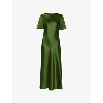 Whistles Womens Avery Twist-back Short-sleeve Satin Midi Dress Green
