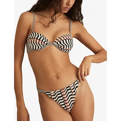 Reiss Womens Kate Chevron-stripe Mid-rise Bikini Bottoms Black Brown In Animal Print