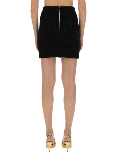 Balmain High Waist Short Tweed Skirt With Decorative Buttons In Black