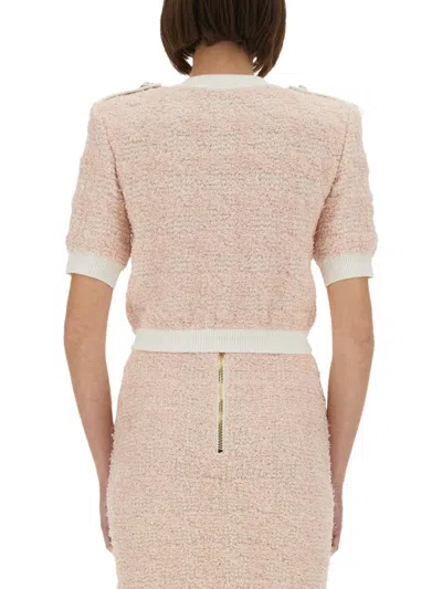 Balmain Cropped Textured Cardigan With Decorative Button Detail In Gold