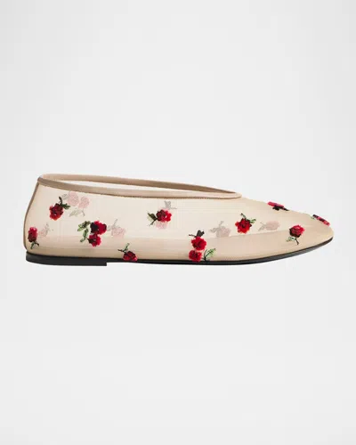 Khaite Marcy Raspberry-embroidered Mesh Flats In Neutral