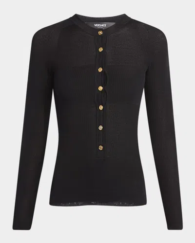 Versace Seamless Virgin Merino Wool Blend Rib Henley Sweater In Black