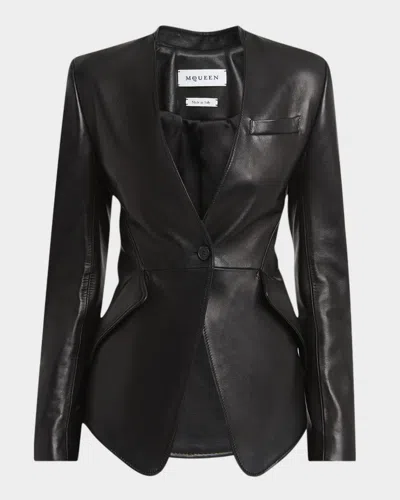Alexander Mcqueen Mcqueen Tailored Peplum Leather Jacket In Black