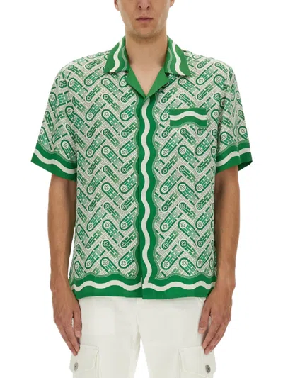 Casablanca Mens Green Ping Pong Ping Pong Monogram Cuban-collar Short-sleeve Silk Shirt