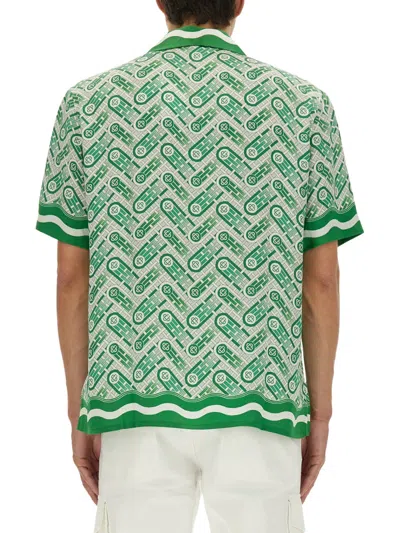 Casablanca Mens Green Ping Pong Ping Pong Monogram Cuban-collar Short-sleeve Silk Shirt