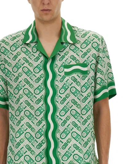 Casablanca Mens Green Ping Pong Ping Pong Monogram Cuban-collar Short-sleeve Silk Shirt