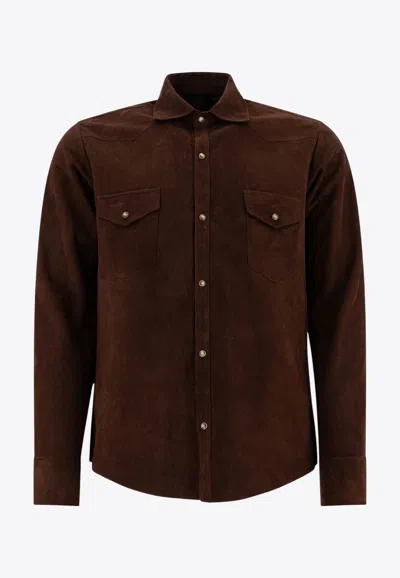 Tagliatore Wayne Long-sleeved Suede Overshirts In Brown