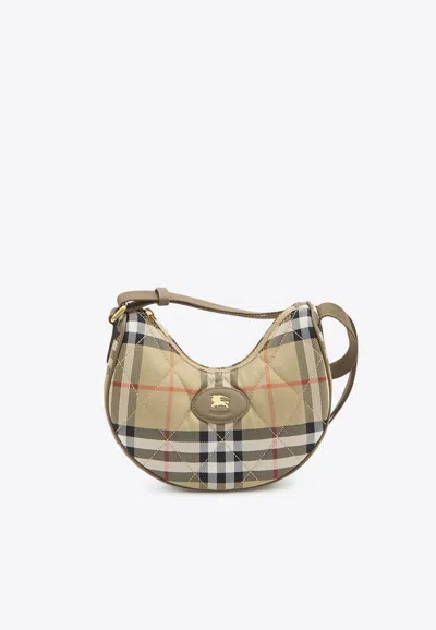 Burberry Curved Shoulder Bag With Classic Check Pattern And Gold-tone Hardware In Neutral