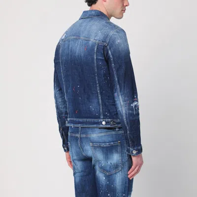 Dsquared2 Dan Blue Jacket With Classic Collar And All-over Painted Details In Denim Man