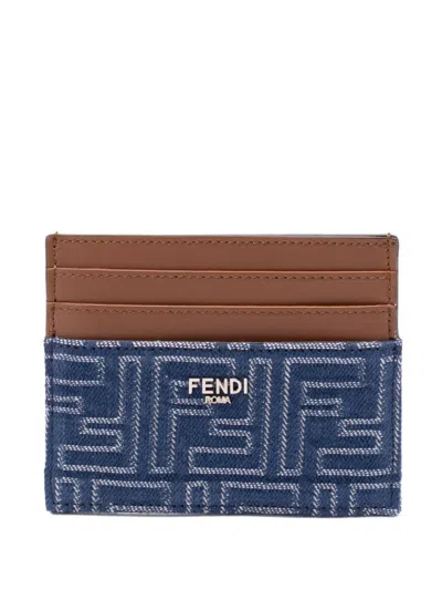 Fendi Blue Denim Effect Ff Jacquard Card Holder And Brown Leather Men In Blue
