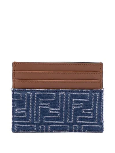 Fendi Blue Denim Effect Ff Jacquard Card Holder And Brown Leather Men In Blue