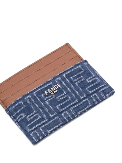 Fendi Blue Denim Effect Ff Jacquard Card Holder And Brown Leather Men In Blue
