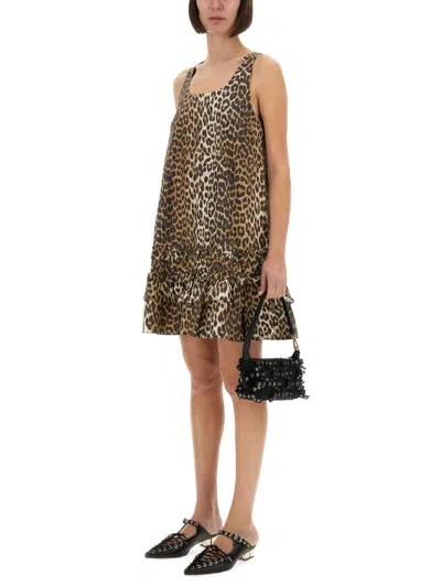 Ganni Brown Leopard Cotton Poplin Mini Dress