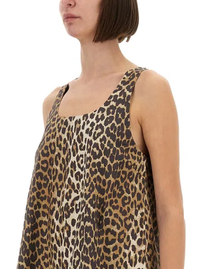 Ganni Brown Leopard Cotton Poplin Mini Dress