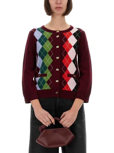 Ganni Womens Tawny Port Rhombus-print Round-neck Wool And Cashmere Cardigan Xl