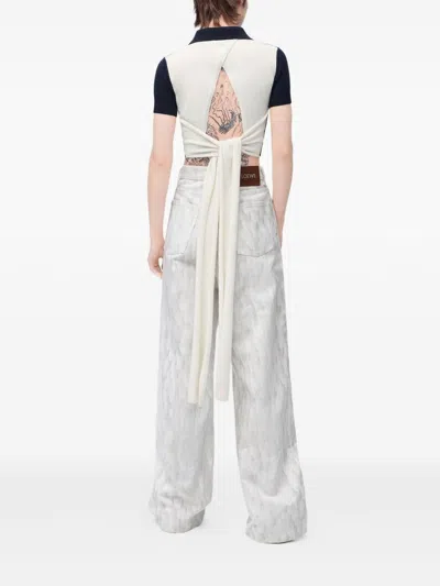 Loewe Colorblock Cropped Backless Wool Cashmere Polo Sweater With Self-tie In Black