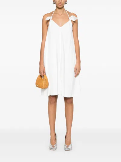 Loewe Flamenco Knotted Leather-trimmed Voile Halterneck Mini Dress In White