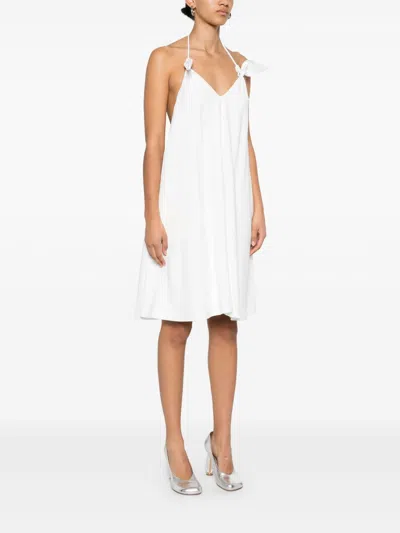 Loewe Flamenco Knotted Leather-trimmed Voile Halterneck Mini Dress In White