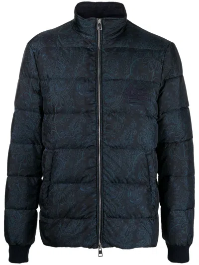 Etro Quilted Blue Sportswear Jacket With Paisley Pattern In Blue