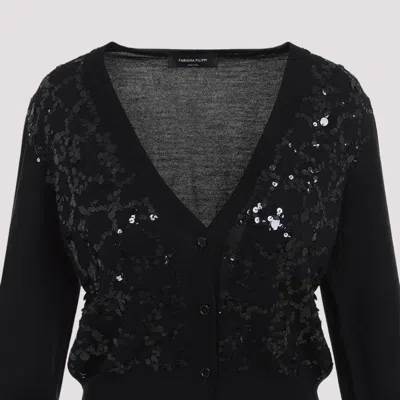 Fabiana Filippi V-neck Wool Blend Cardigan With Front Sequins Detail In Black
