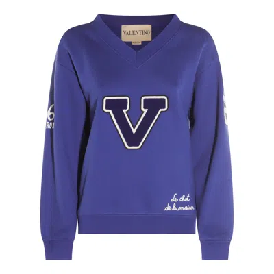 Valentino Blue Sweatshirt With V And Le Chat De La Maison Embroidery