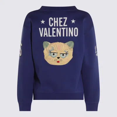 Valentino Blue Sweatshirt With V And Le Chat De La Maison Embroidery