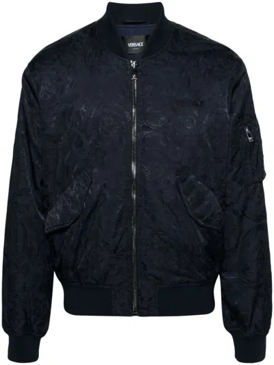 Versace Navy Blue Abstract Pattern Blouson Jacket For Men In Blue