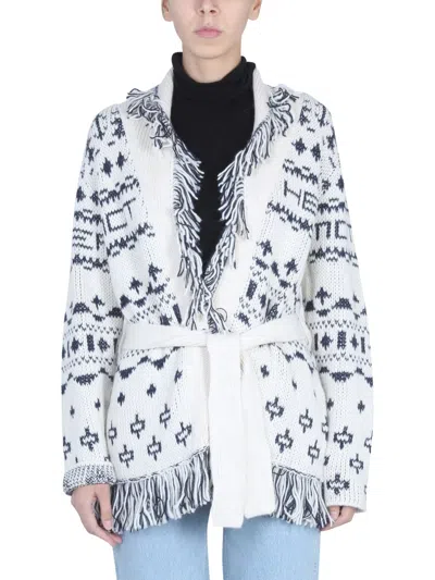 Mother Belted Fringed Jacquard-knit Alpaca-blend Cardigan In White