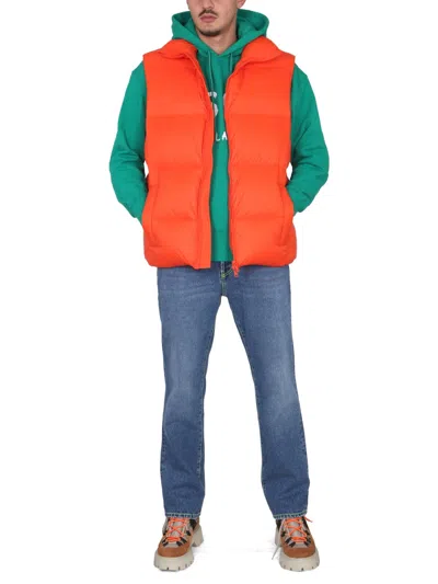 Msgm Logo Embroidered High Collar Padded Jackets In Orange