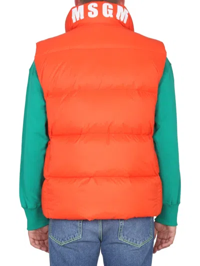 Msgm Logo Embroidered High Collar Padded Jackets In Orange
