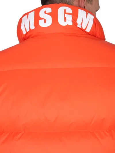 Msgm Logo Embroidered High Collar Padded Jackets In Orange