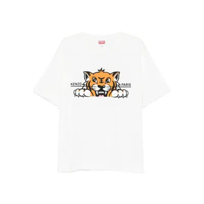 Kenzo 'gots Happy Tiger' White Crewneck T-shirt With Maxi Logo Embroidery On The Front And Logo Lettering In White