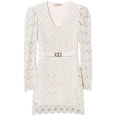 Twinset Twin-set Beige Lace Mini Dress With Scalloped Hem