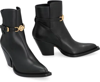 Versace Leather Ankle Boots In Black