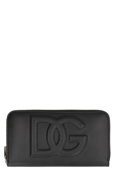 Dolce & Gabbana Calfskin Zip-around Wallet With Dg Logo In Black