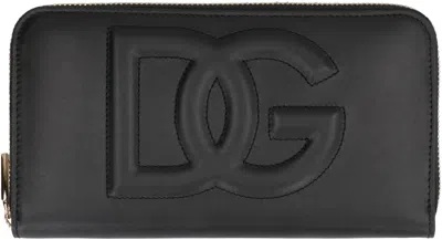 Dolce & Gabbana Calfskin Zip-around Wallet With Dg Logo In Black