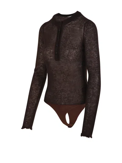 Haikure Button-front Long-sleeve Bodysuit In Brown