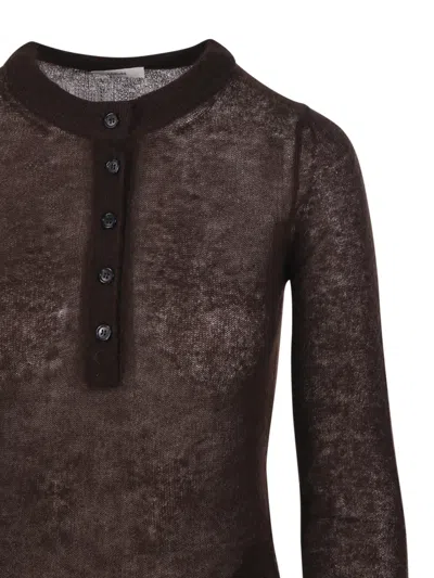 Haikure Button-front Long-sleeve Bodysuit In Brown