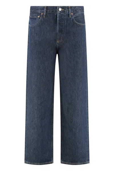 Agolde Wide-leg Denim Trousers With Metal Buttons In Blue