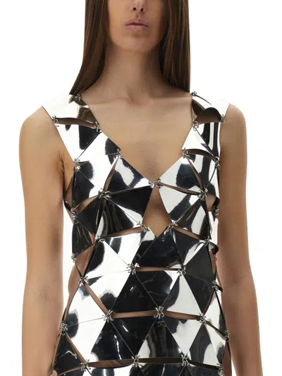 Rabanne Geometric Short Dress With Reflective Panels And Open Back In Metallic