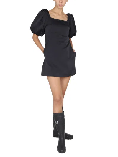 Patou Short Dress With Puff Sleeves And Boat Neckline In Black