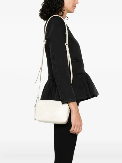 Pinko Sleek Rectangular White Leather Shoulder Bag With Embossed Logo In White